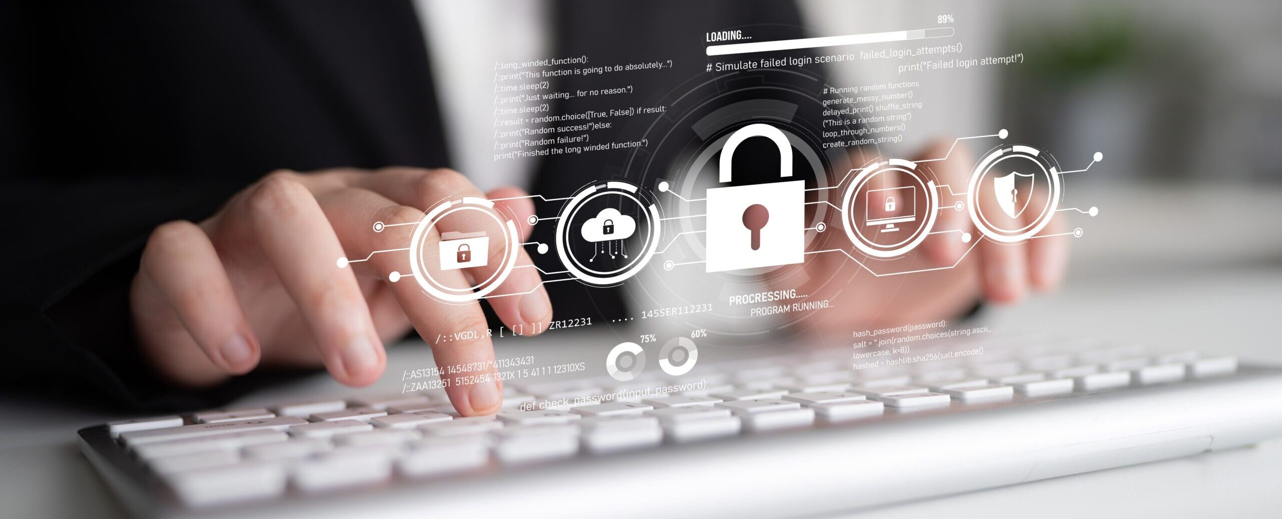 Man typing on keyboard with graphic overlay of a padlock, portraying data protection and application of a DPIA. 